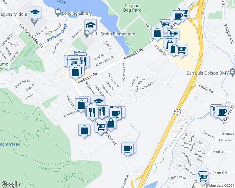 map of restaurants, bars, coffee shops, grocery stores, and more near 1864 Lima Drive in San Luis Obispo