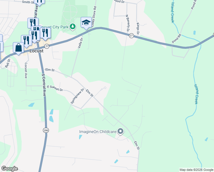 map of restaurants, bars, coffee shops, grocery stores, and more near 605 Elm Street in Locust