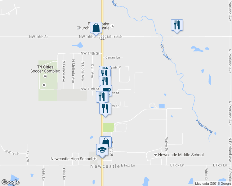 map of restaurants, bars, coffee shops, grocery stores, and more near 106 Northeast 9th Street in Newcastle