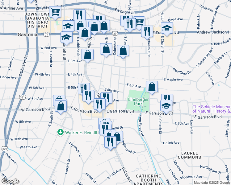 map of restaurants, bars, coffee shops, grocery stores, and more near 410 East 5th Avenue in Gastonia