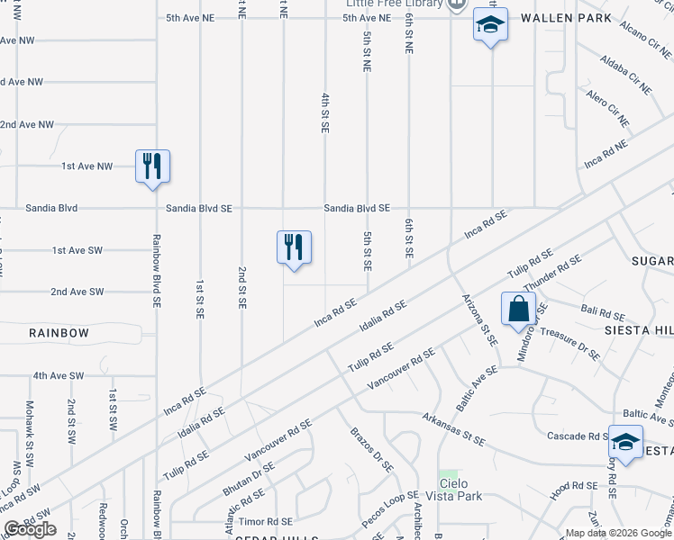 map of restaurants, bars, coffee shops, grocery stores, and more near 102 4th Street Southeast in Rio Rancho