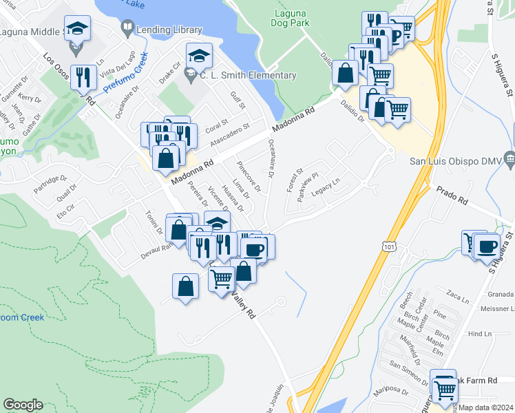 map of restaurants, bars, coffee shops, grocery stores, and more near 1864 Lima Drive in San Luis Obispo