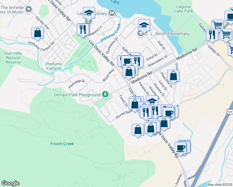 map of restaurants, bars, coffee shops, grocery stores, and more near 1480 Madonna Road in San Luis Obispo