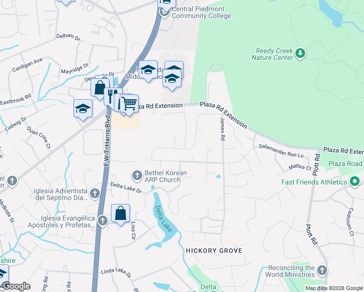 map of restaurants, bars, coffee shops, grocery stores, and more near 7716 The Plaza in Charlotte