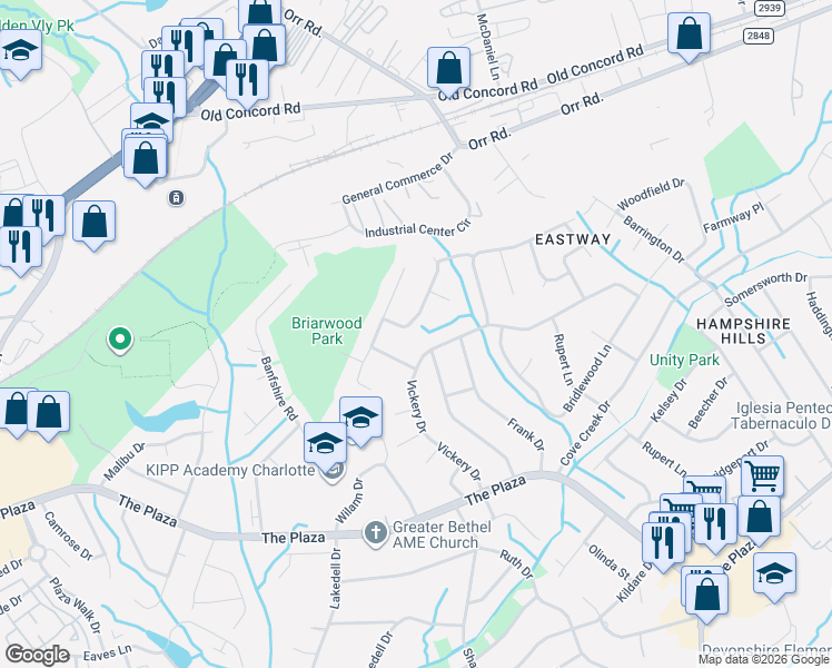 map of restaurants, bars, coffee shops, grocery stores, and more near 723 Cricketwood Lane in Charlotte