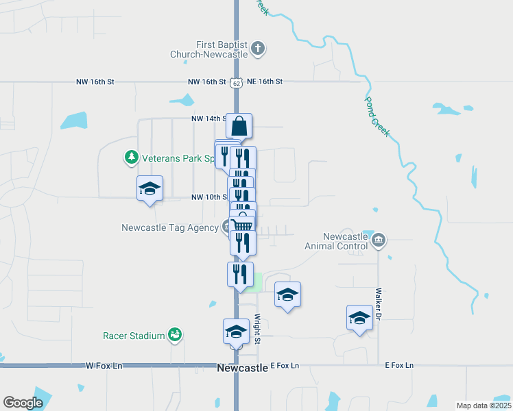 map of restaurants, bars, coffee shops, grocery stores, and more near 900 North Main Street in Newcastle
