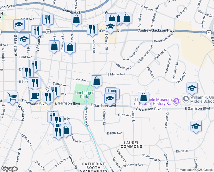 map of restaurants, bars, coffee shops, grocery stores, and more near 905A East 4th Avenue in Gastonia