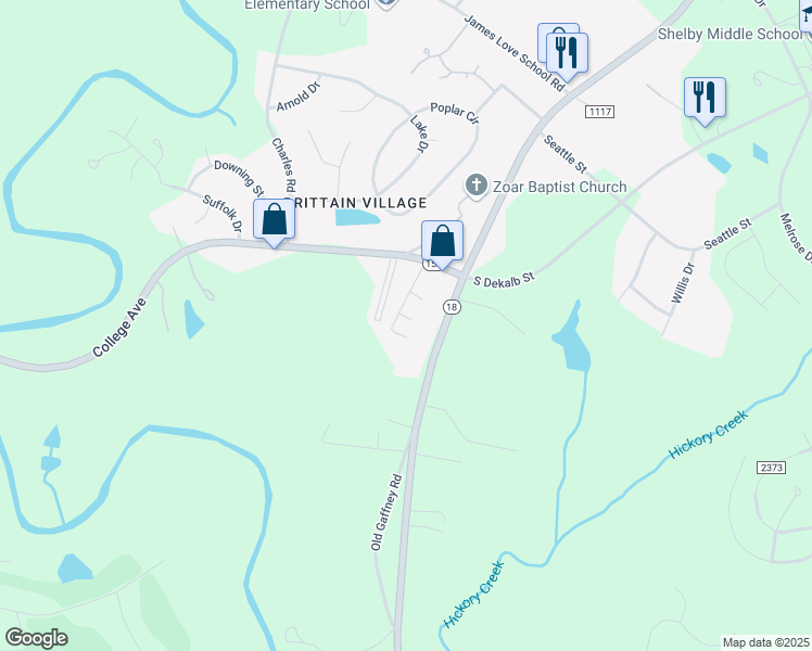 map of restaurants, bars, coffee shops, grocery stores, and more near 117 Embert Lane in Shelby
