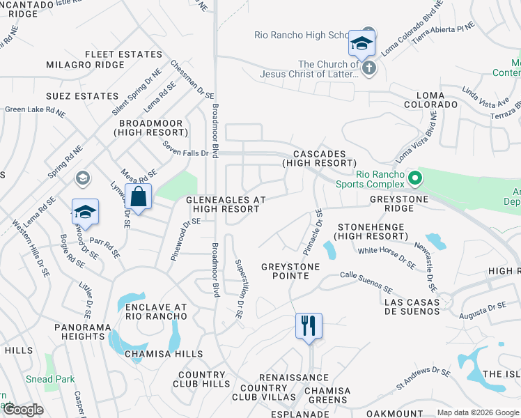 map of restaurants, bars, coffee shops, grocery stores, and more near 3054 Ashkirk Loop Southeast in Rio Rancho