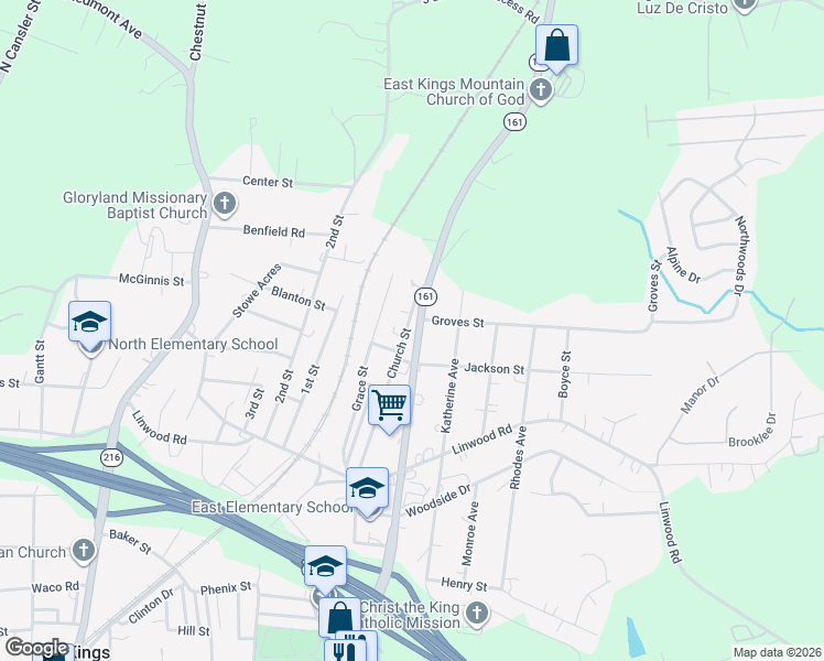 map of restaurants, bars, coffee shops, grocery stores, and more near 922 Church Street in Kings Mountain