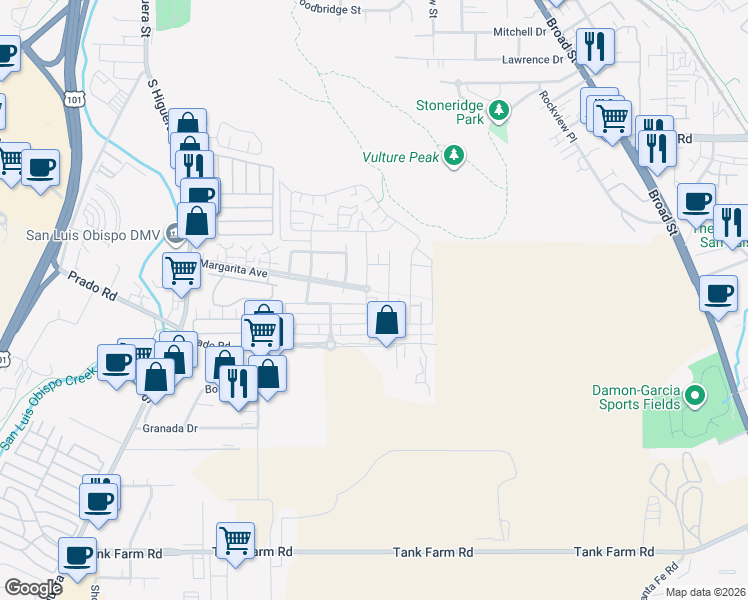 map of restaurants, bars, coffee shops, grocery stores, and more near 3243 Daisy Lane in San Luis Obispo