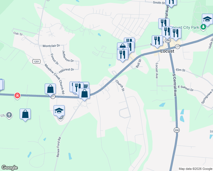 map of restaurants, bars, coffee shops, grocery stores, and more near 719 West Main Street in Locust