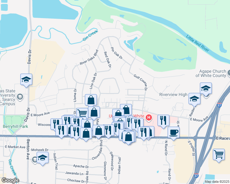 map of restaurants, bars, coffee shops, grocery stores, and more near 10 White Oak Circle in Searcy
