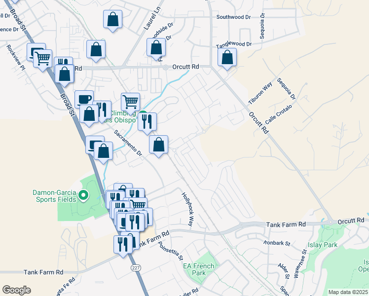 map of restaurants, bars, coffee shops, grocery stores, and more near 1053 Tiburon Way in San Luis Obispo