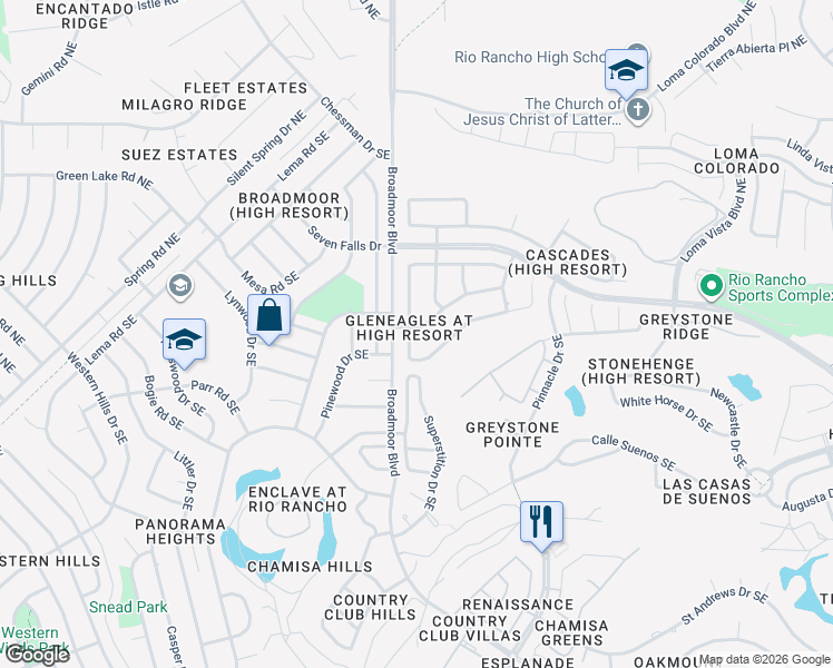map of restaurants, bars, coffee shops, grocery stores, and more near 2912 Aberdeen Drive Southeast in Rio Rancho