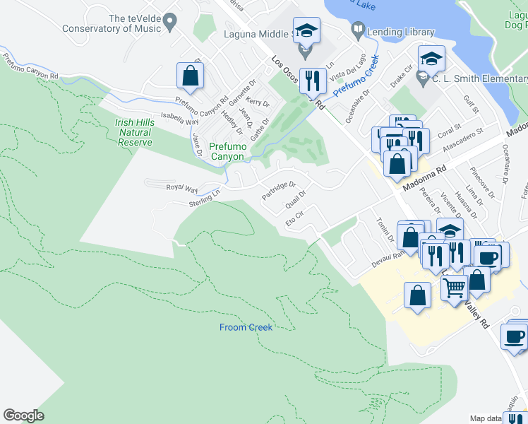 map of restaurants, bars, coffee shops, grocery stores, and more near 1963 Partridge Drive in San Luis Obispo