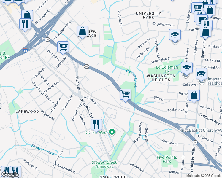 map of restaurants, bars, coffee shops, grocery stores, and more near 3353 Reno Avenue in Charlotte