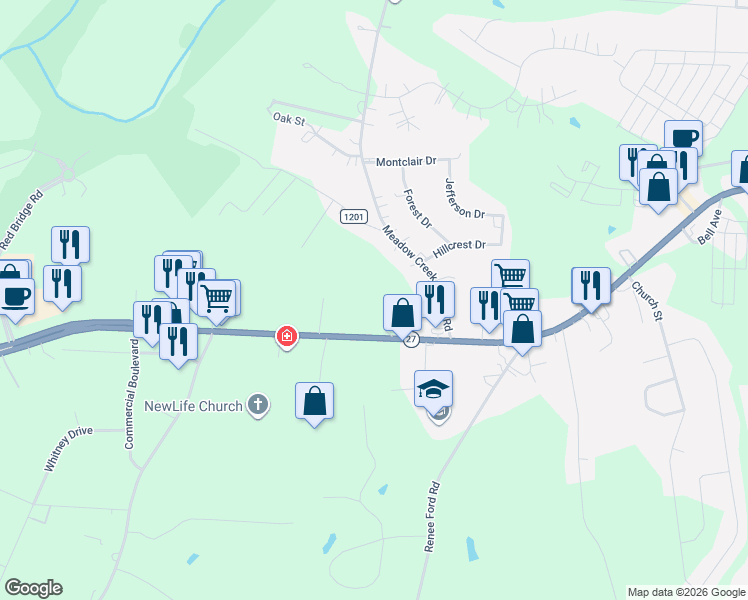 map of restaurants, bars, coffee shops, grocery stores, and more near 1404 West Main Street in Albemarle