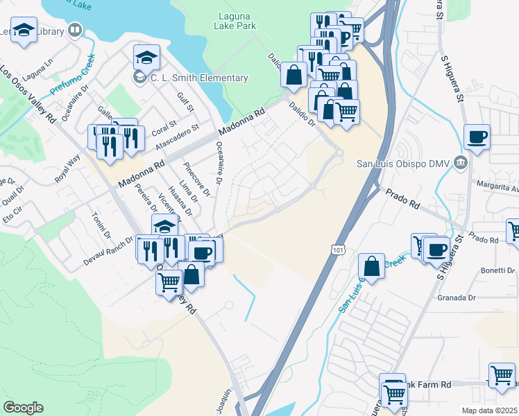 map of restaurants, bars, coffee shops, grocery stores, and more near 1072 Terra Way in San Luis Obispo