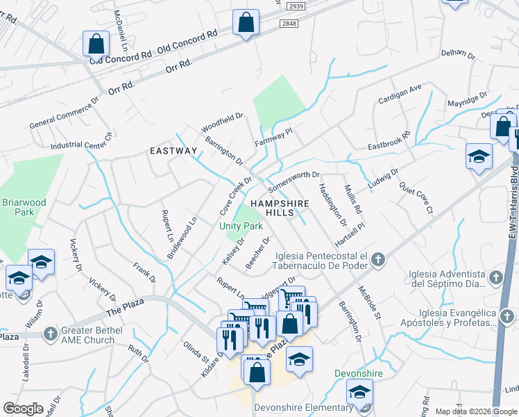 map of restaurants, bars, coffee shops, grocery stores, and more near 5633 Craftsbury Drive in Charlotte