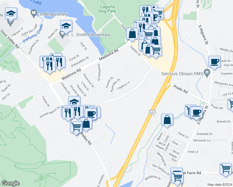map of restaurants, bars, coffee shops, grocery stores, and more near 1072 Terra Way in San Luis Obispo