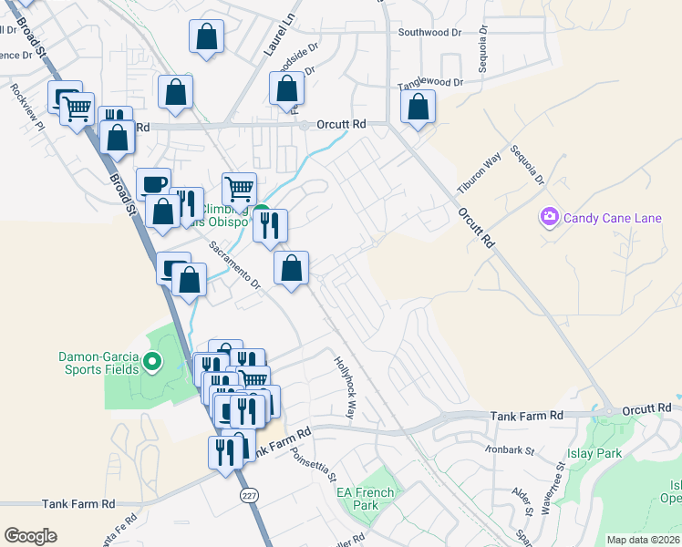 map of restaurants, bars, coffee shops, grocery stores, and more near 1057 Tiburon Way in San Luis Obispo