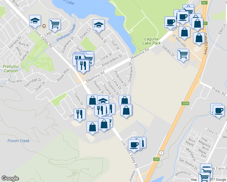 map of restaurants, bars, coffee shops, grocery stores, and more near 1807 Huasna Drive in San Luis Obispo