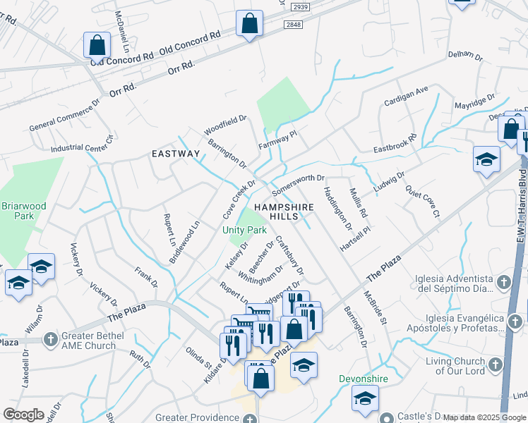 map of restaurants, bars, coffee shops, grocery stores, and more near 5633 Craftsbury Drive in Charlotte