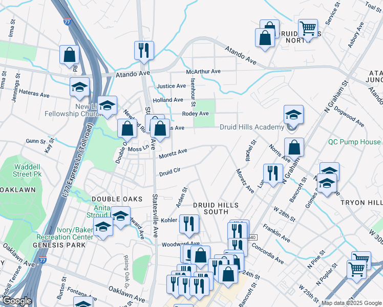 map of restaurants, bars, coffee shops, grocery stores, and more near 1408 Moretz Avenue in Charlotte