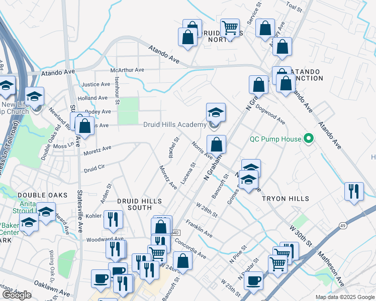 map of restaurants, bars, coffee shops, grocery stores, and more near in Charlotte
