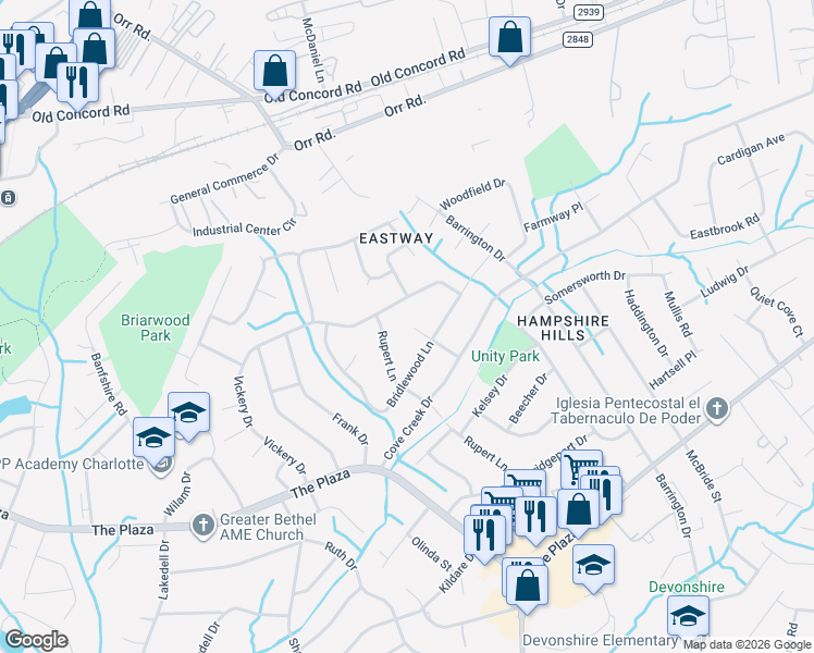map of restaurants, bars, coffee shops, grocery stores, and more near 5400 Toano Road in Charlotte