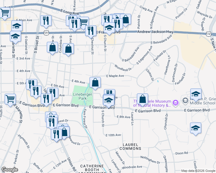 map of restaurants, bars, coffee shops, grocery stores, and more near 905A East 4th Avenue in Gastonia
