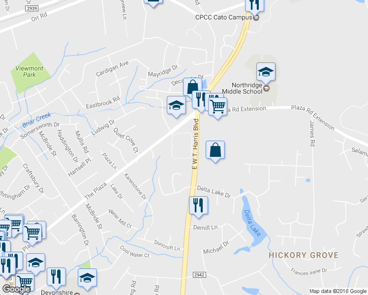 map of restaurants, bars, coffee shops, grocery stores, and more near 7092 The Plaza in Charlotte