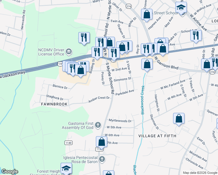 map of restaurants, bars, coffee shops, grocery stores, and more near 320 South Myrtle School Road in Gastonia