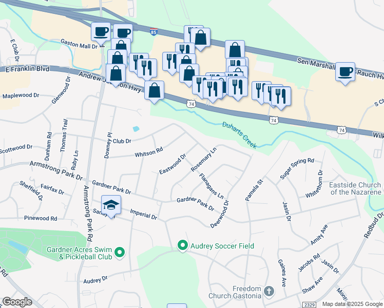 map of restaurants, bars, coffee shops, grocery stores, and more near 509 Eastwood Drive in Gastonia