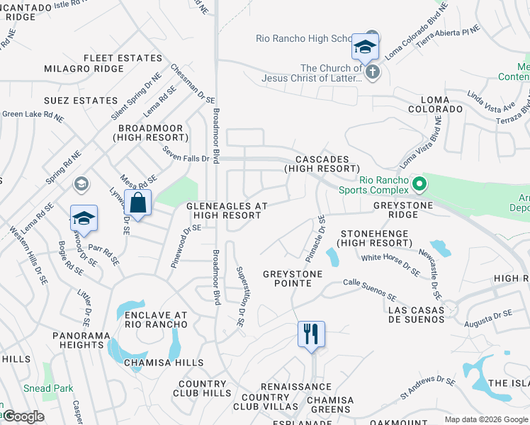 map of restaurants, bars, coffee shops, grocery stores, and more near 3054 Ashkirk Loop Southeast in Rio Rancho