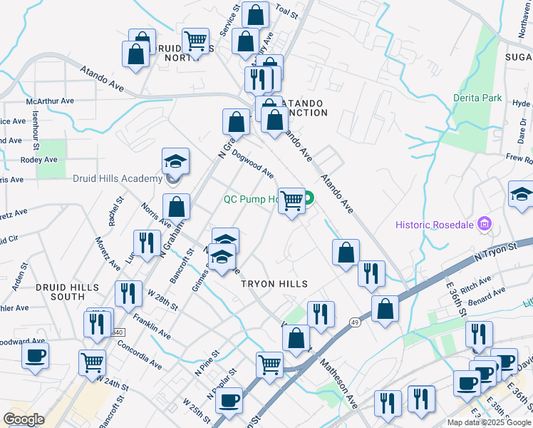 map of restaurants, bars, coffee shops, grocery stores, and more near 2837 Dogwood Avenue in Charlotte