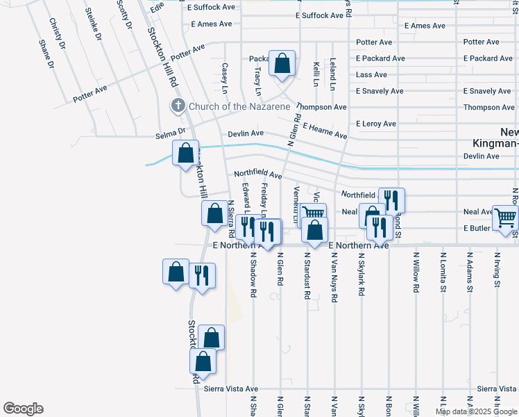 map of restaurants, bars, coffee shops, grocery stores, and more near 4575 Freiday Lane in Kingman