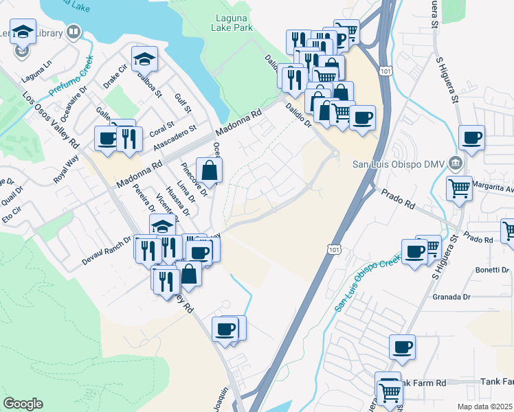 map of restaurants, bars, coffee shops, grocery stores, and more near 1066 Terra Way in San Luis Obispo