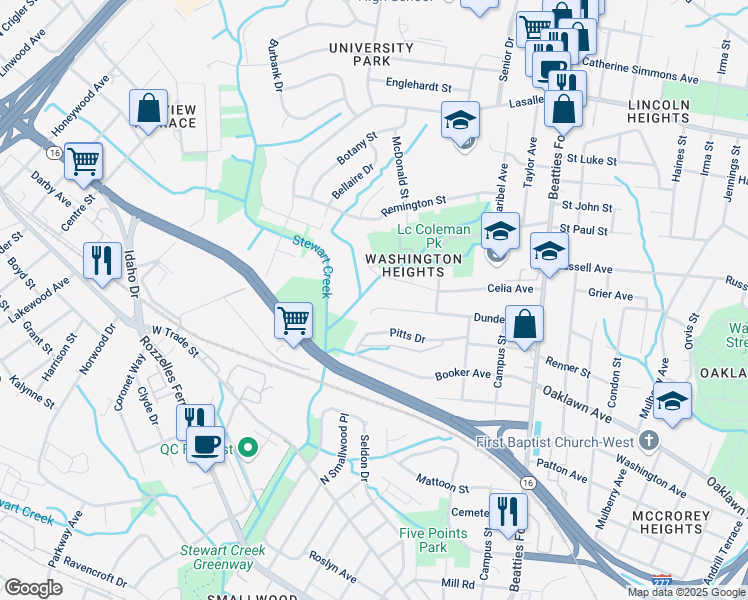 map of restaurants, bars, coffee shops, grocery stores, and more near 2732 Dundeen Street in Charlotte