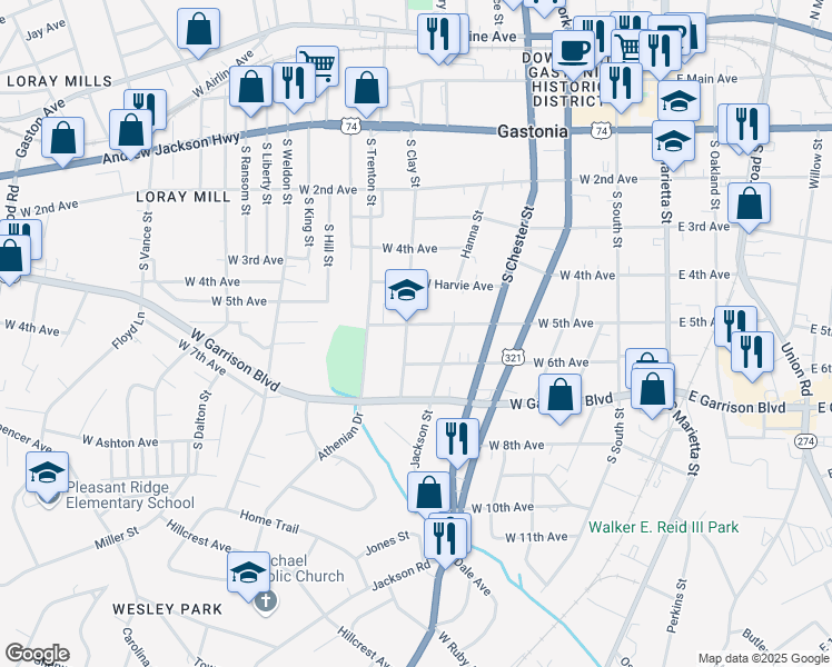 map of restaurants, bars, coffee shops, grocery stores, and more near 517 West 5th Avenue in Gastonia