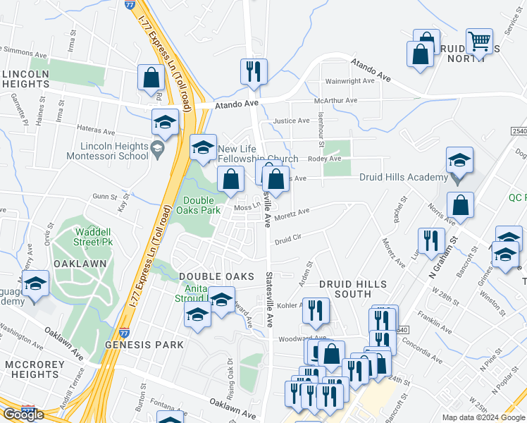 map of restaurants, bars, coffee shops, grocery stores, and more near 3246 Moss Lane in Charlotte