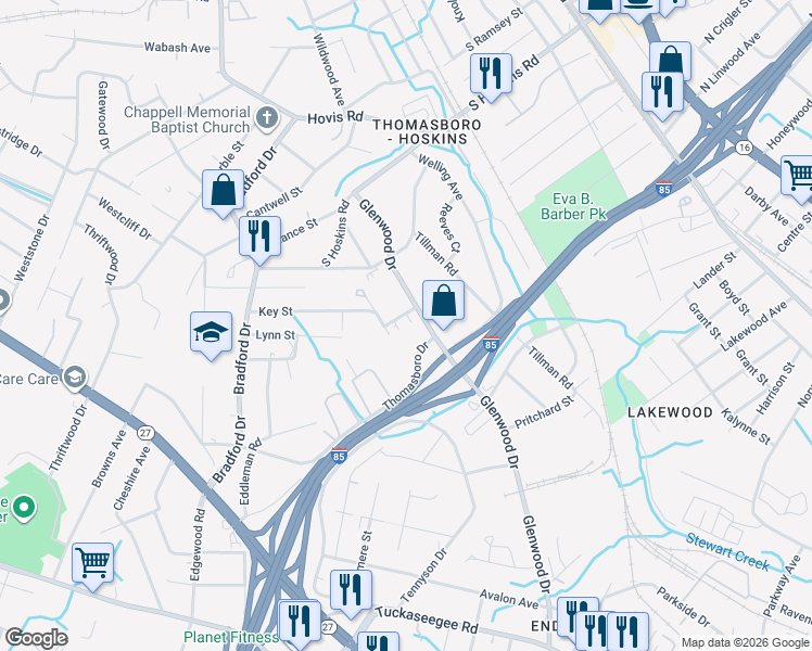 map of restaurants, bars, coffee shops, grocery stores, and more near 601 Key Street in Charlotte