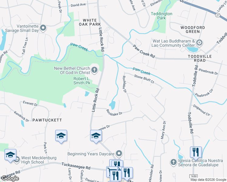 map of restaurants, bars, coffee shops, grocery stores, and more near 6601 Flat Rock Drive in Charlotte