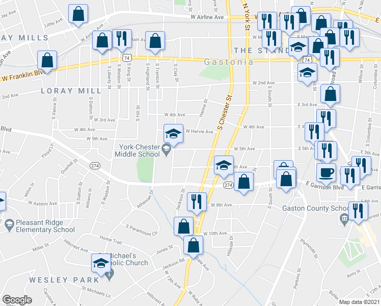 map of restaurants, bars, coffee shops, grocery stores, and more near 501 West 5th Avenue in Gastonia