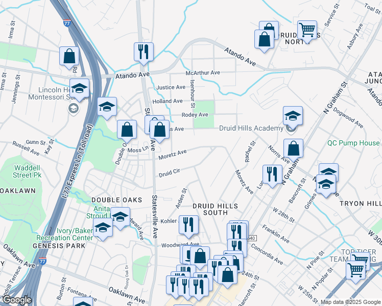 map of restaurants, bars, coffee shops, grocery stores, and more near 1408 Moretz Avenue in Charlotte