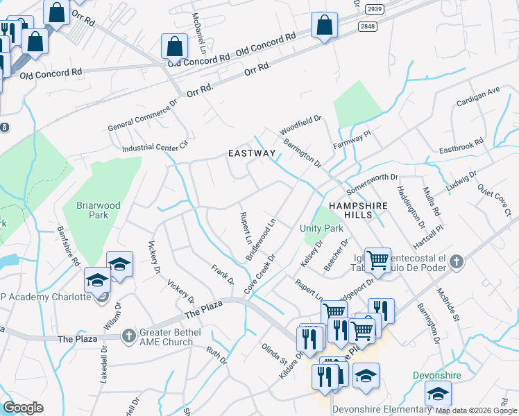 map of restaurants, bars, coffee shops, grocery stores, and more near 5400 Toano Road in Charlotte