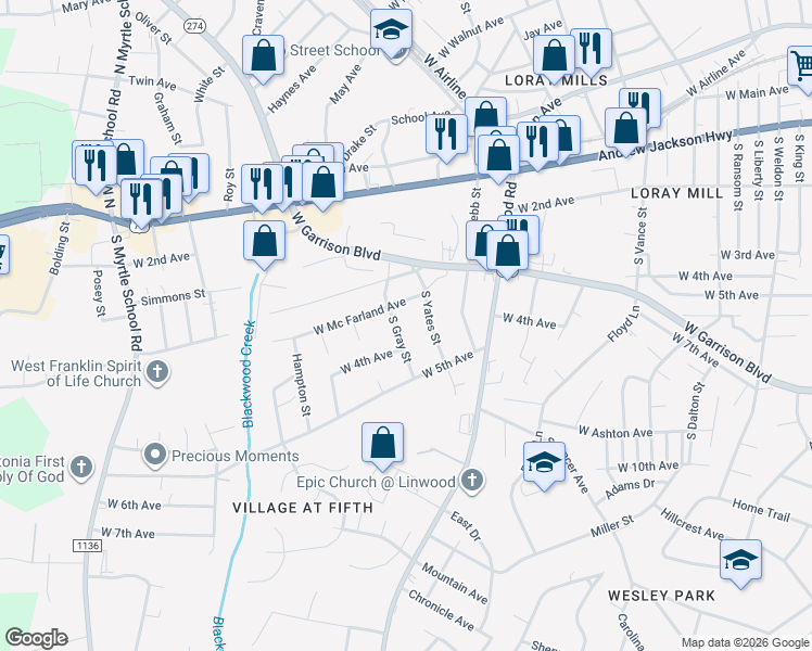 map of restaurants, bars, coffee shops, grocery stores, and more near 412 South Gray Street in Gastonia
