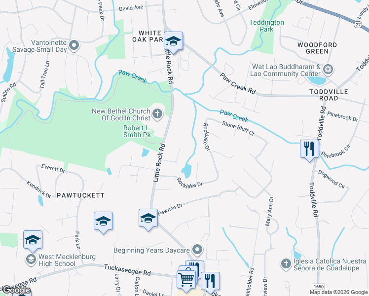 map of restaurants, bars, coffee shops, grocery stores, and more near 6601 Flat Rock Drive in Charlotte