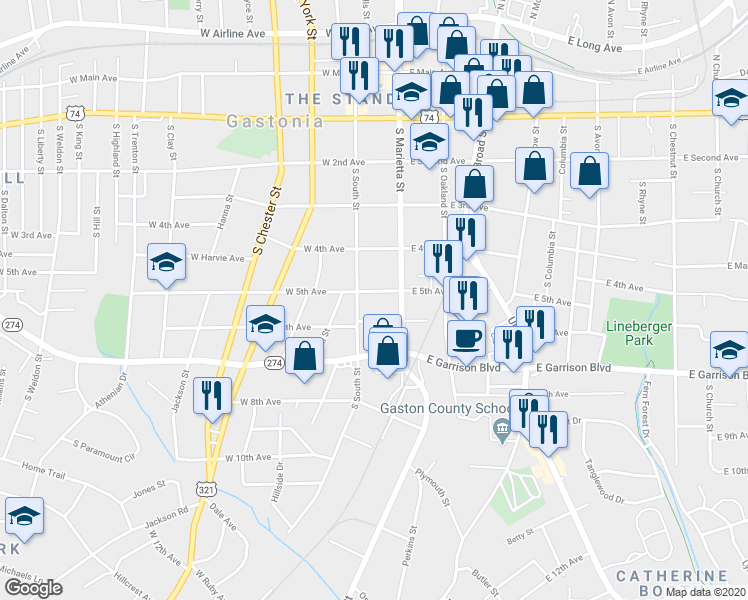 map of restaurants, bars, coffee shops, grocery stores, and more near 115 West 5th Avenue in Gastonia